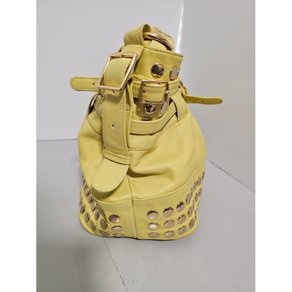 Rebecca Minkoff Devote Tote Leather Hobo Bag Yellow Studded Moto Edgy Y2K Boho ~ - Picture 5 of 11